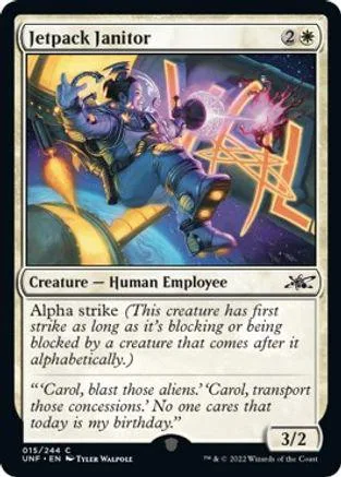Blue and purple armored figure flying in space on a trading card.