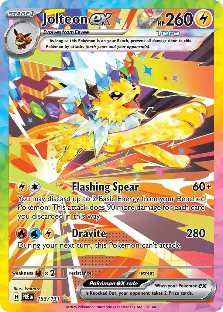 Yellow and blue legendary Pokémon card, Jolteon ex, holographic art.