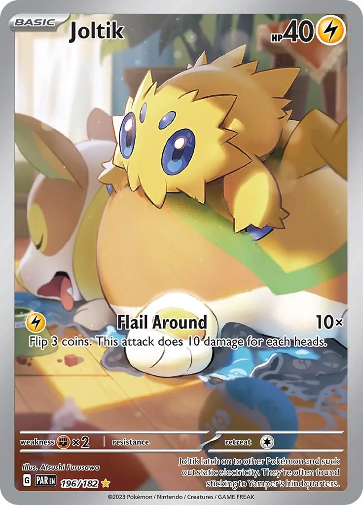 Yellow and blue Joltik Pokémon card with "Flail Around" attack visible.