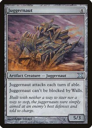 Large, metallic, armored creature on a purple and orange battlefield card.