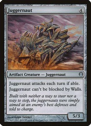 Large, metallic, monstrous construct on a battlefield card. Gray and brown tones.