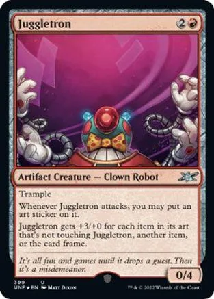 Clown robot creature card, pink and purple art, showing a colorful, mechanical figure.