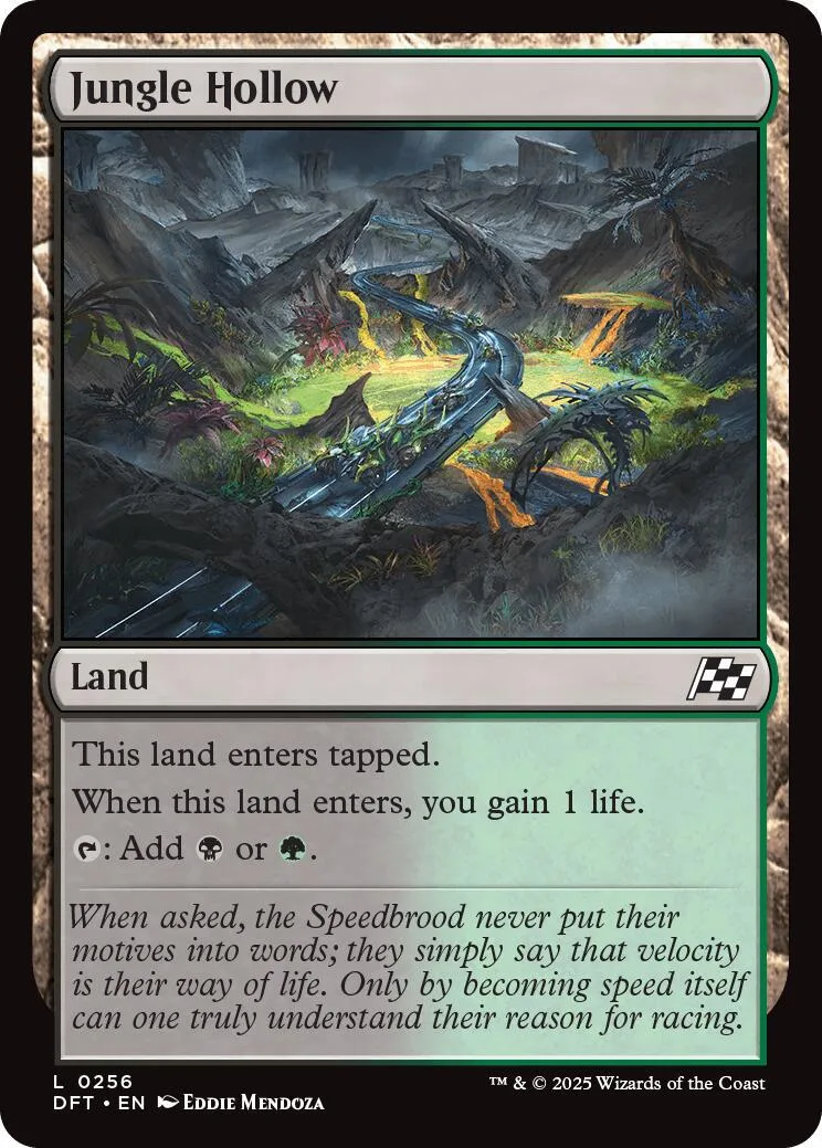 Jungle Hollow land card art shows a winding path through a lush, dark jungle.