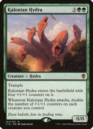 Multi-headed hydra creature card, green and brown tones, showing mythical beast.