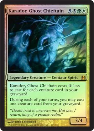 Blue and black fantasy creature card, Karador, Ghost Chieftain, in a protective case.