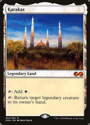 Magic: The Gathering card, Karakasa, showing towers against a blue sky.