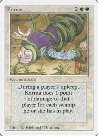 Purple, green, and brown creature card art. Text box describes damage effect.