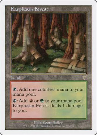 Forest scene on a Magic: The Gathering land card. Green and brown colors.