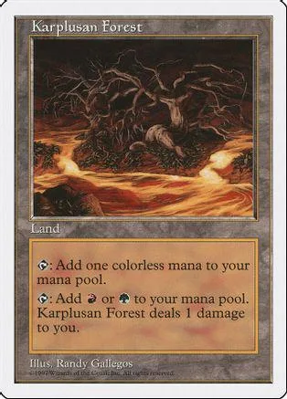 Magic: The Gathering card, Karplusan Forest, dark forest scene, land type.
