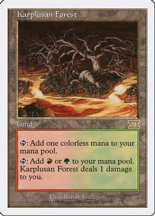 Dark forest scene on a Magic: The Gathering land card.