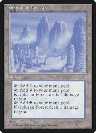 Blue and purple fantasy landscape card, "Karplusan Forest," showing a forest scene.