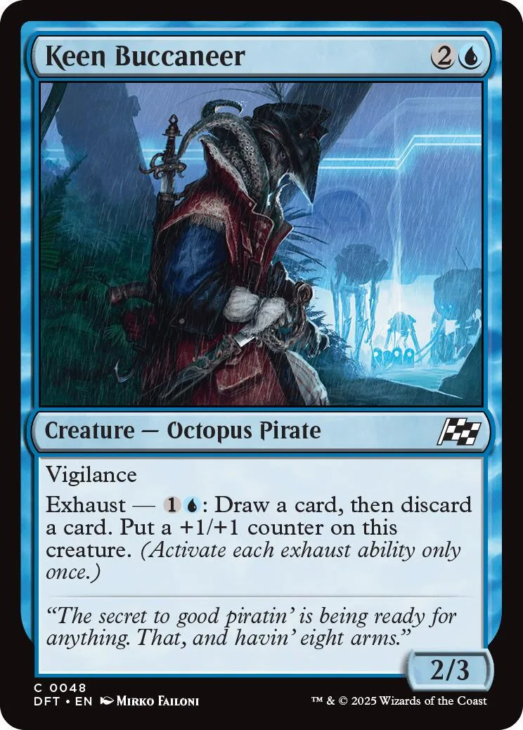Dark pirate creature card art, blue and black tones, showing a figure in a cloak.