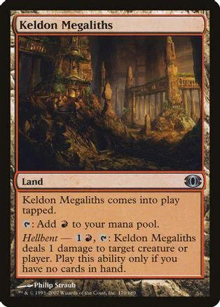 Dark, ancient stone structures in a fantasy landscape on a Magic: The Gathering card.
