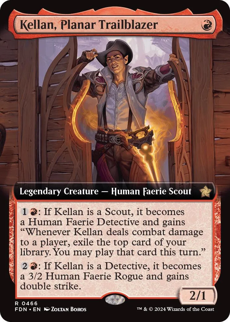 Card art of a man in a cowboy hat standing on wooden stairs.
