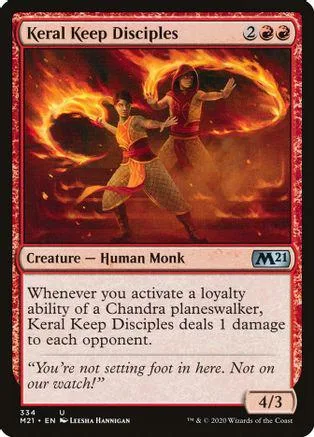 Two figures in fiery scene on a Magic: The Gathering card.