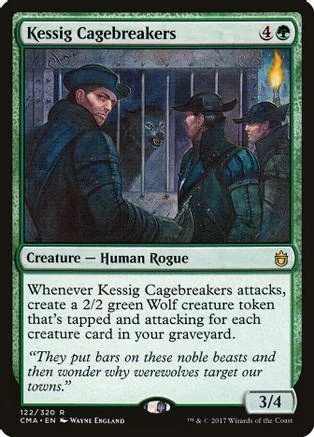Card art shows men in dark clothing near a cage with a wolf. Green border.