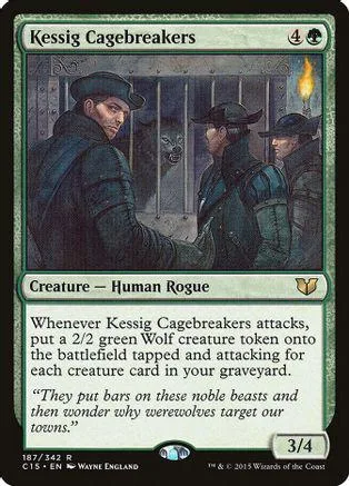 Dark-haired man in hat, other figures, green wolf art on Magic: The Gathering card.