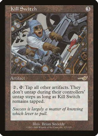 Blue-toned card art depicts a figure in a hood amidst mechanical gears.