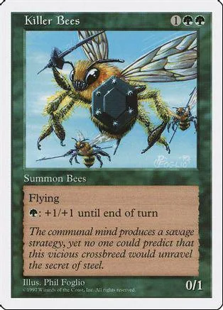 Giant bee creature with dark gem on chest, blue and green card art.