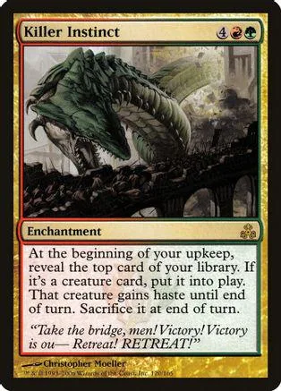 Green dragon creature on a dark bridge, "Killer Instinct" card art.