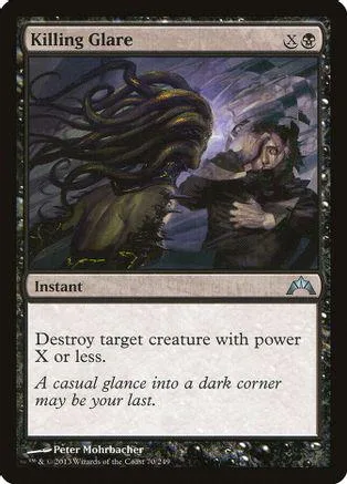 Dark fantasy art card featuring two figures, black and green tones, Instant spell.