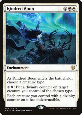 Dark-haired figure with antlers under blue aurora, on a collectible card.
