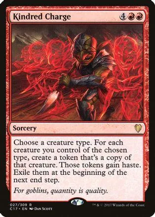 Dark, fiery creature on a Magic: The Gathering card titled "Kindred Charge.