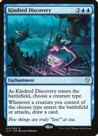 Blue and green fantasy art card, "Kindred Discovery," showing magical underwater scene.