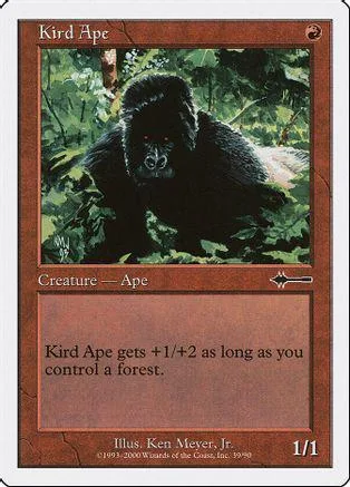 Black gorilla creature card art, forest background, white border.