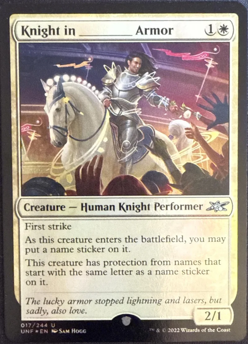 Knight in Armor card art: armored knight on white horse against dark, fiery background.