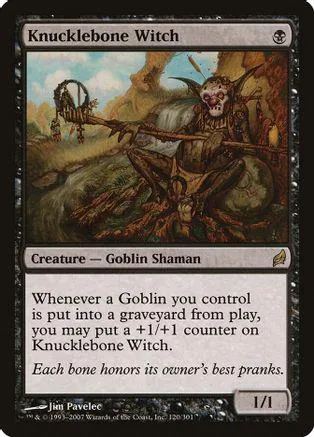 Goblin shaman creature card, dark fantasy art, brown and green tones.