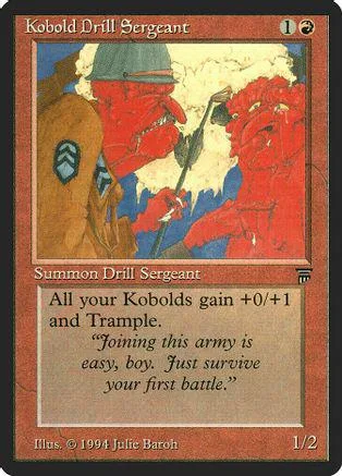 Red and brown fantasy creature card, "Kobold Drill Sergeant," in a protective case.