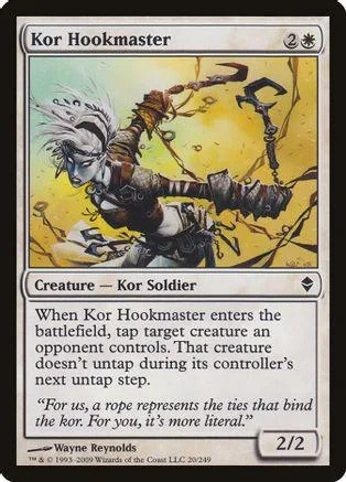White-haired warrior with weapon on a yellow background, Kor Hookmaster card.