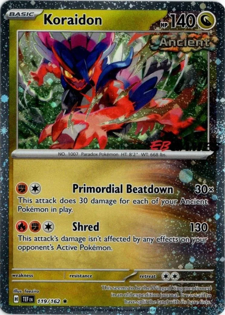 Red and blue ancient Pokémon card art, showing a fierce creature.