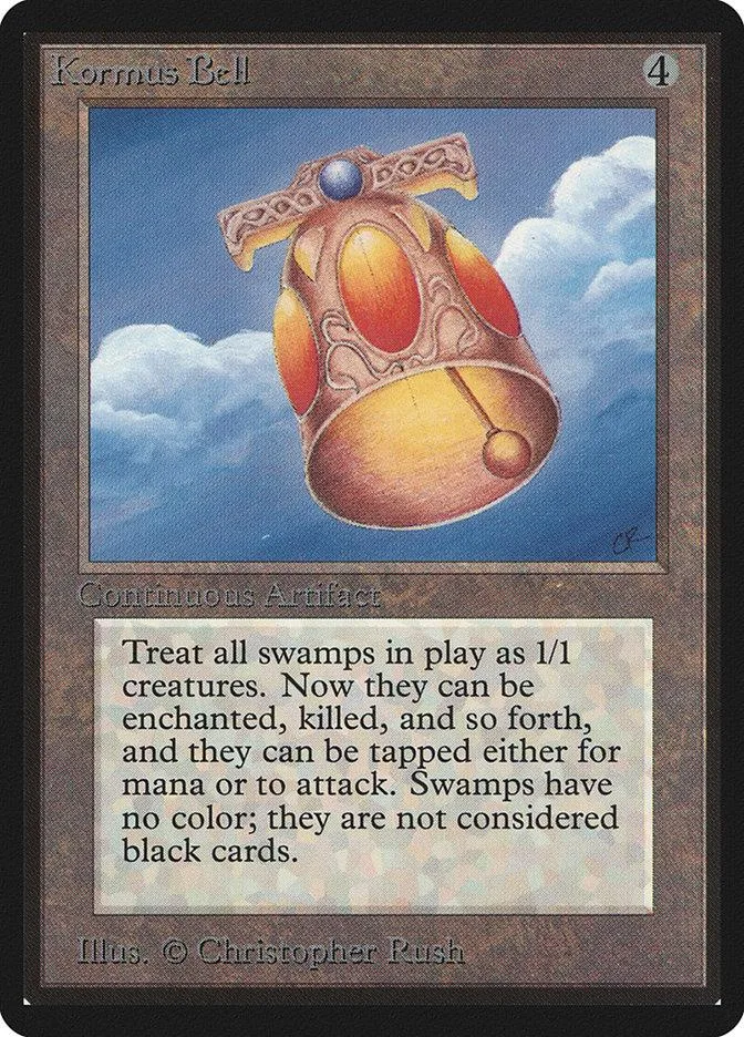 Magic: The Gathering card, Kormus Bell, featuring a golden bell against a blue sky.