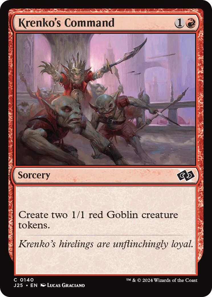 Magic: The Gathering card, "Krenko's Command," featuring goblins in a battle scene.