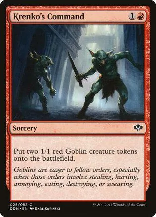 Black and green goblin warriors in a dark, stone setting on a Magic: The Gathering card.