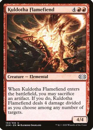 Red and black elemental creature card, Kuldotha Flamefiend, showing fiery chaos.