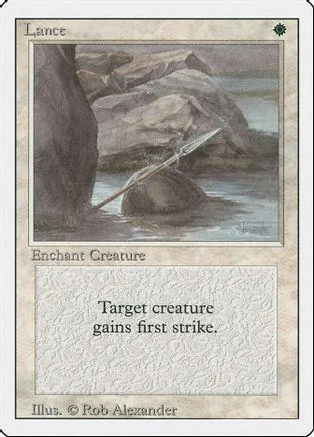Lance card art: spear in water among large grey rocks. Enchant creature type.