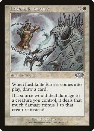 Card art shows a warrior facing a large, spiky creature. Enchantment card.