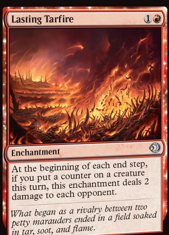 Fire-themed Magic: The Gathering card, "Lasting Tarfire," showing burning landscape.