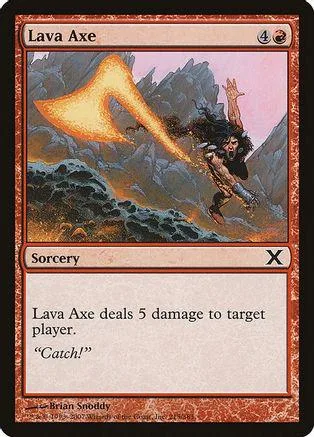 Card art depicts fiery axe attack against dark, mountainous landscape.
