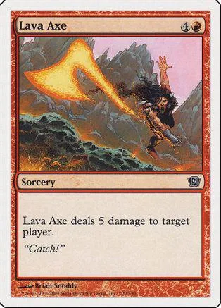 Card art shows fiery axe attack over dark, mountainous landscape. Lava Axe.