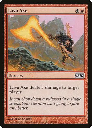 Orange and yellow fire axe graphic on a fantasy landscape card.