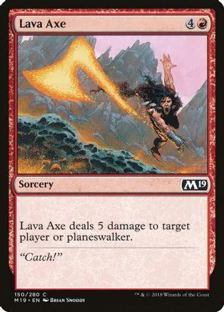 Card art shows fiery axe striking a dark, armored figure against a mountain backdrop.
