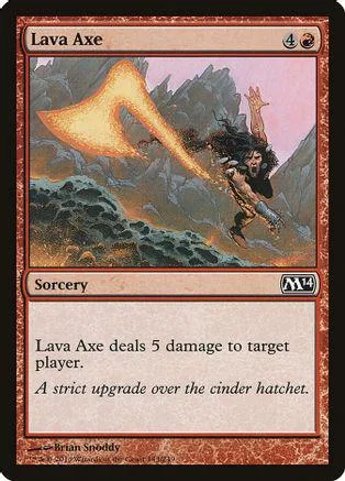 Orange and yellow fire axe attacks a dark, mountainous landscape on a card.