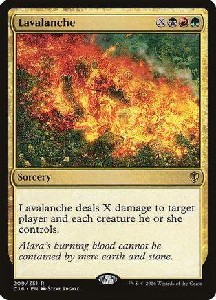 Card art shows massive forest fire; "Avalanche" sorcery card.