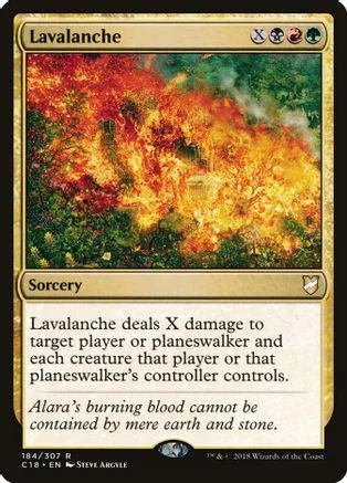 Card art shows fiery orange and green landscape. Black border, white text.