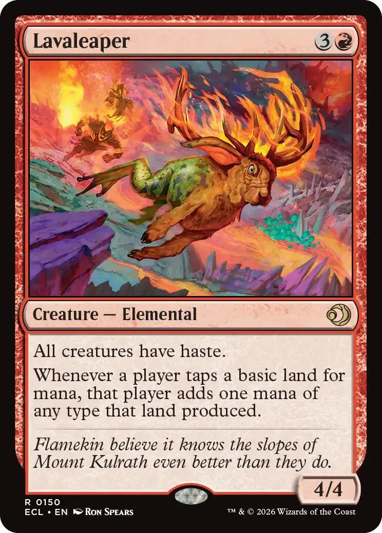 Green elemental creature with large antlers flying over a fiery landscape.
