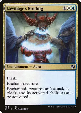 Magic: The Gathering card, Lawmage's Binding, dark fantasy art, blue and black colors.